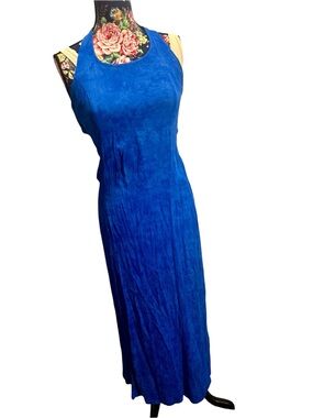 Vintage BSB Royal Blue Crinkle Pleated Open Back Maxi Dress Sz L Cross Strap 90s